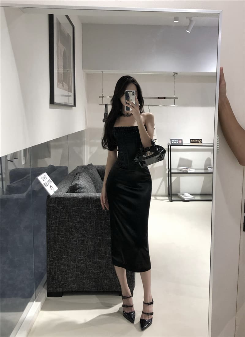 ビジューベアトップロングドレス