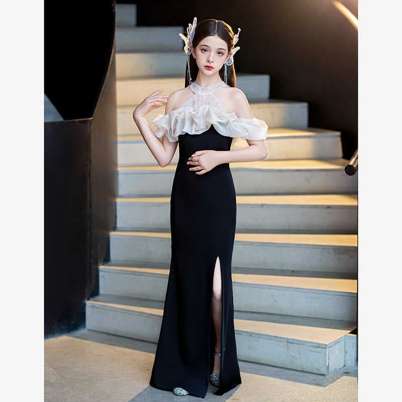 ロングドレス 花飾り付きホルターネックフリルドレス