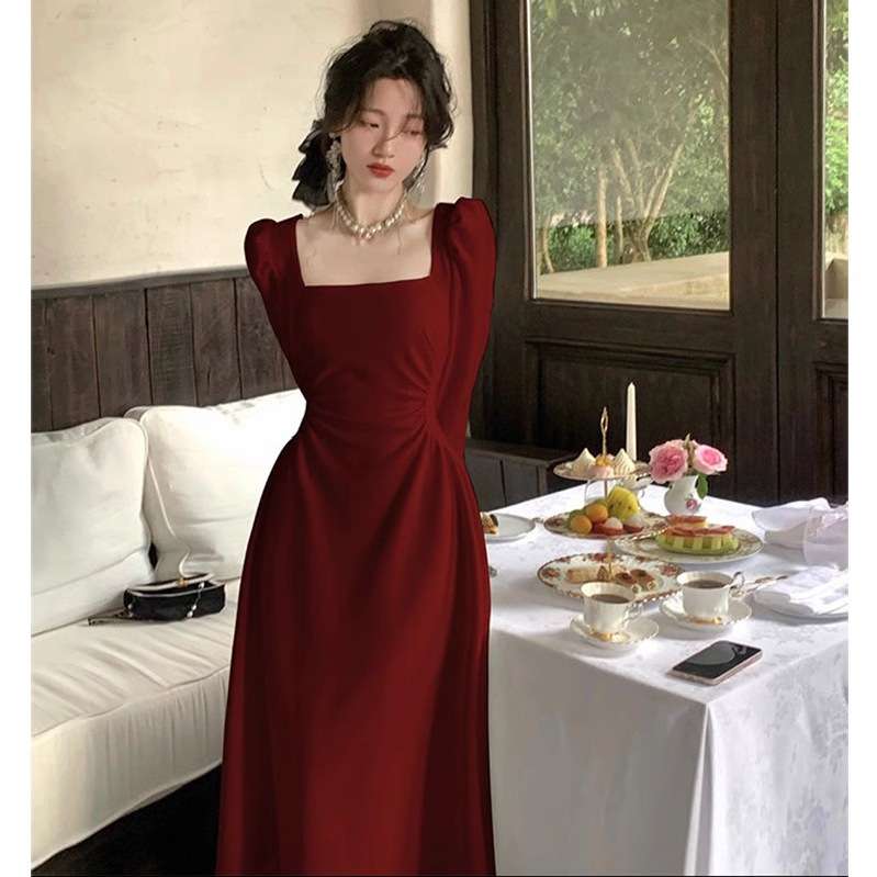 大人上品シルエットパフスリーブロングドレス