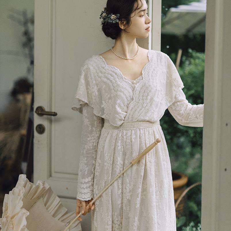 ロングドレス 袖付きレースドレス