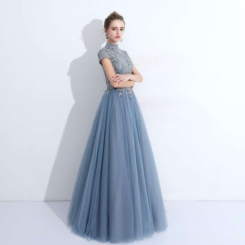 チュール刺繍レース ハイネックロングドレス