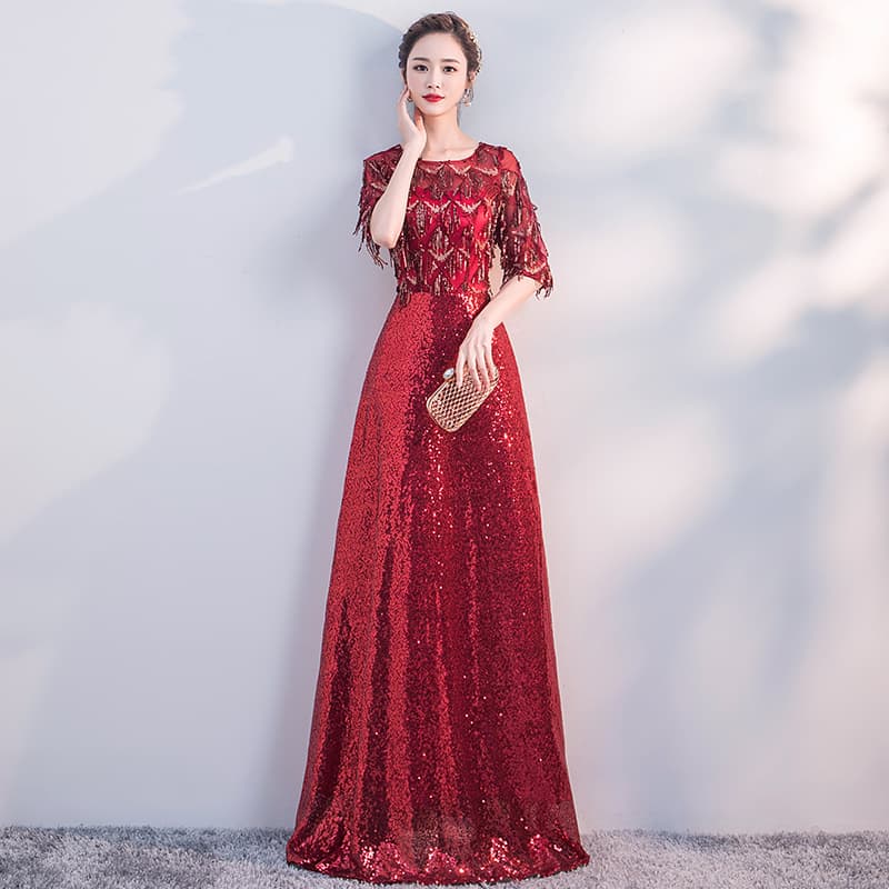 煌めき装飾レースロングドレス