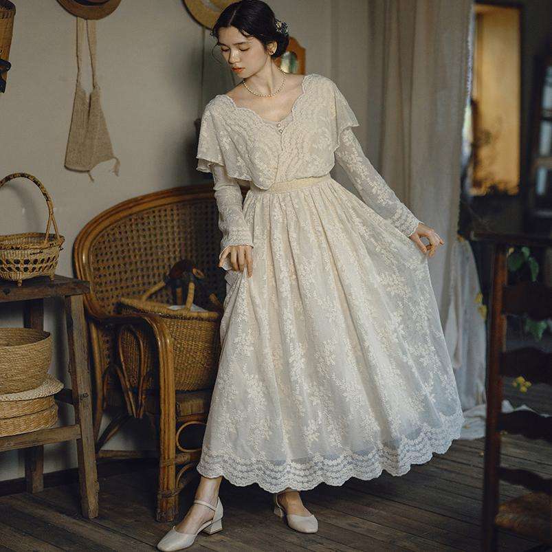 ロングドレス 袖付きレースドレス