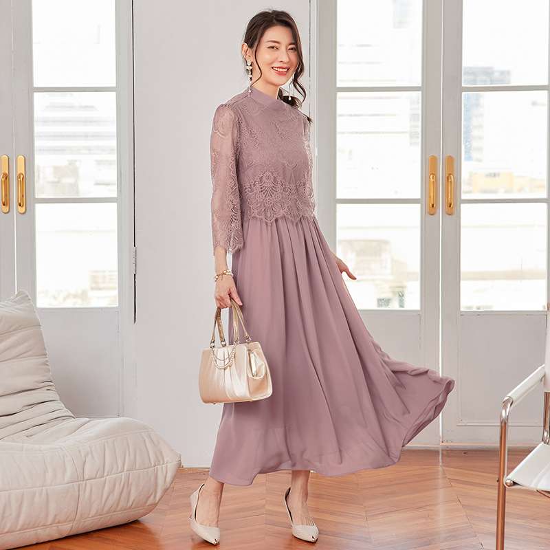 ロングドレス 透かしレース袖フレアワンピース