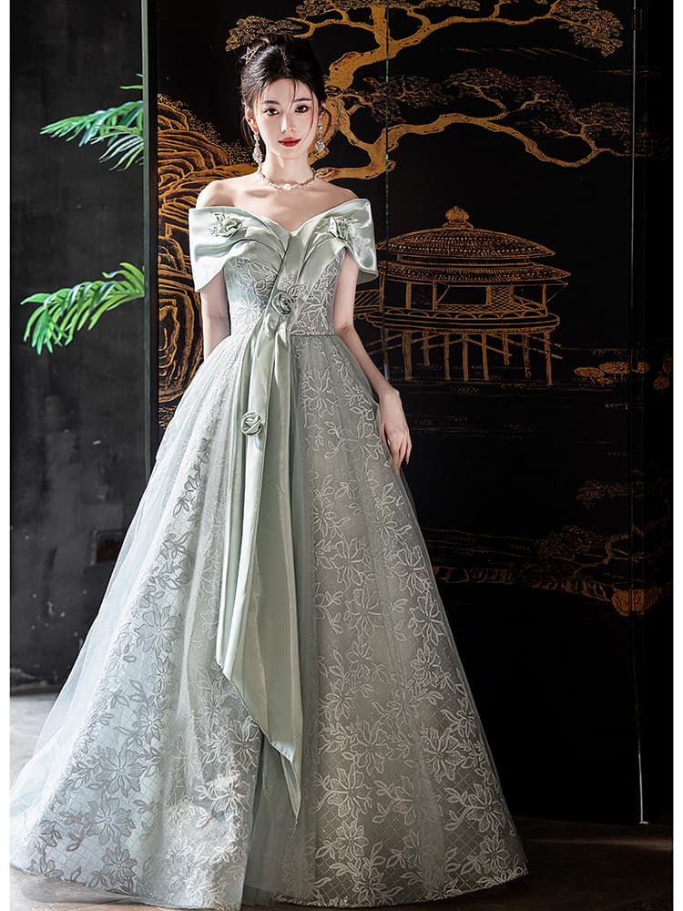 オフショルダー花柄チュールロングドレス