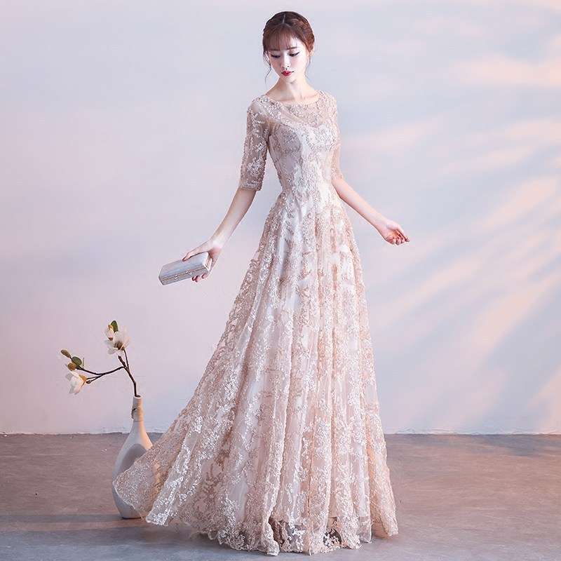 透かし花レースエレガントロングドレス