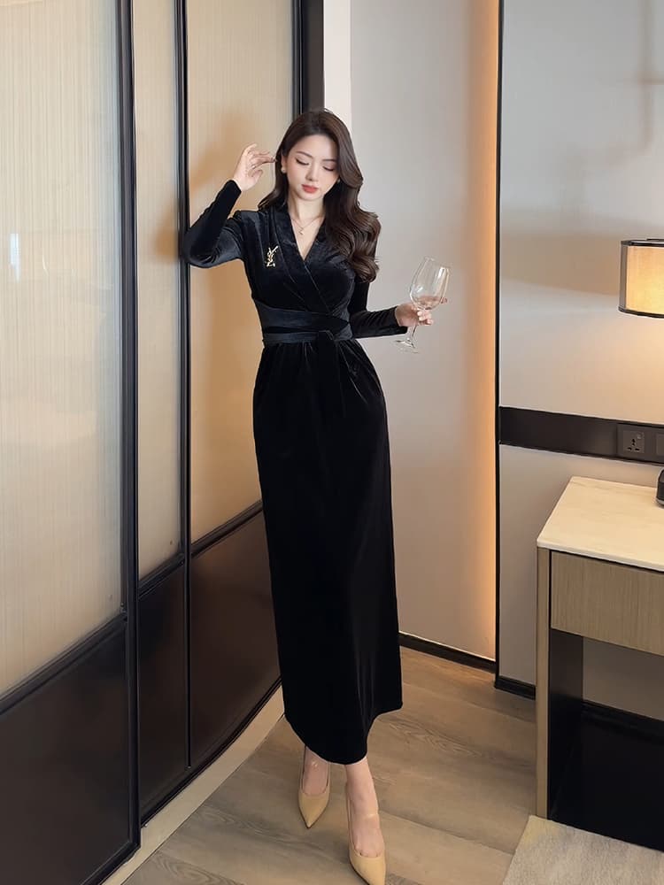 ロングドレス クラシカル ベルベット カシュクール ワンピース