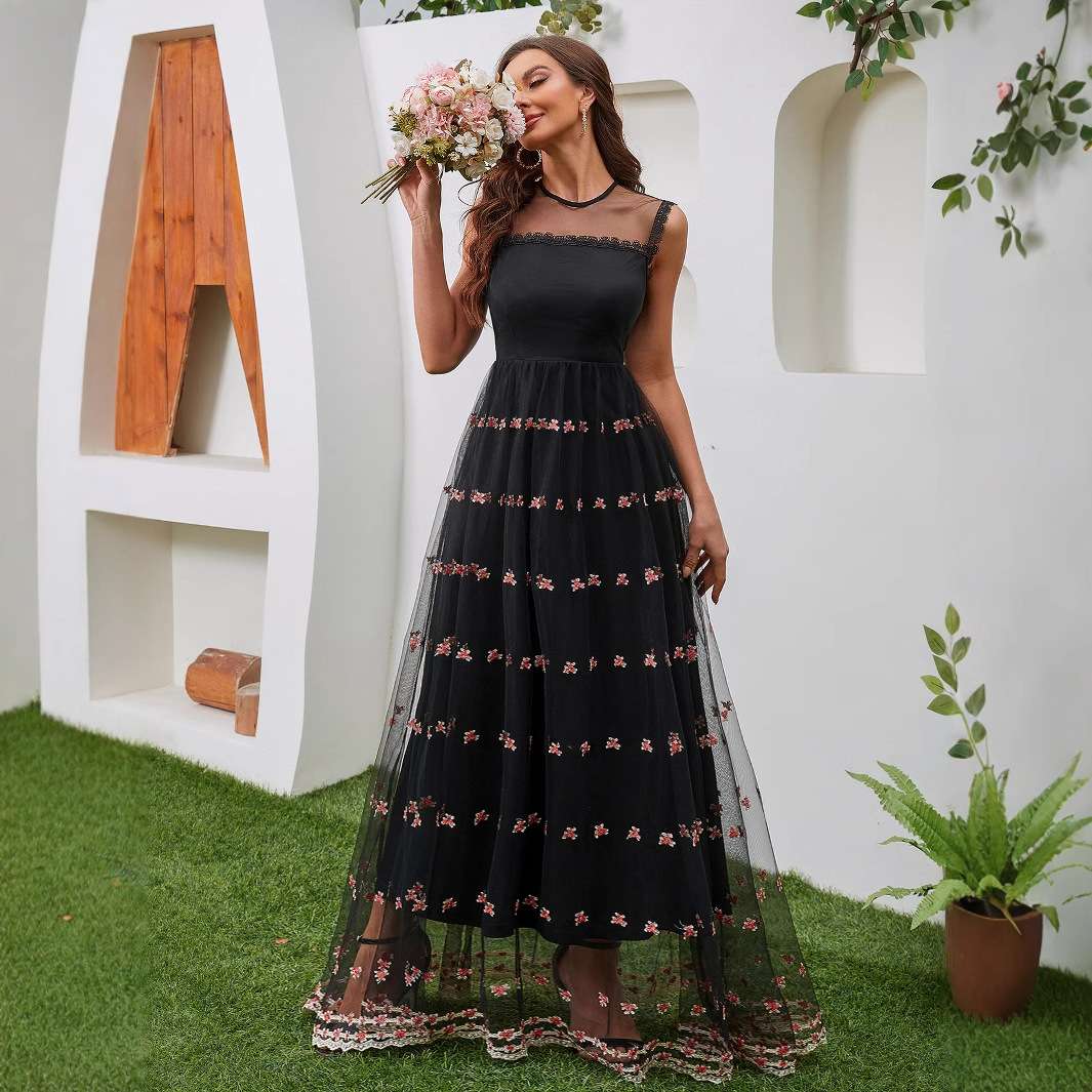 ロングドレス メッシュ刺繍チュールドレス