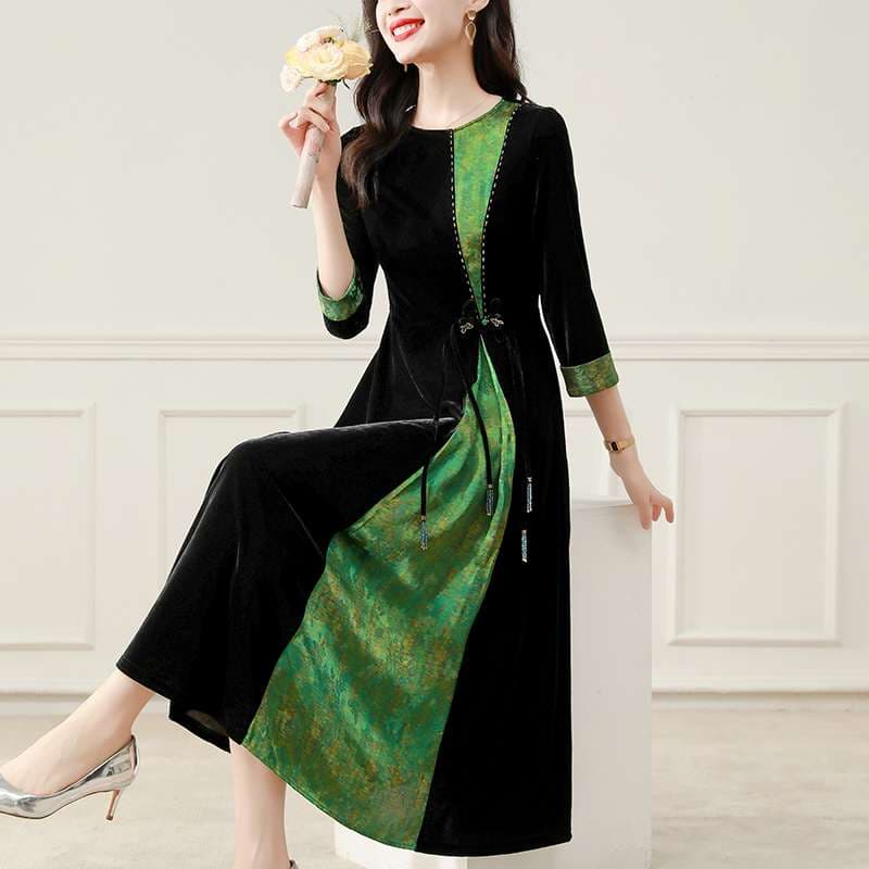 上品な縦ラインデザインロングドレス