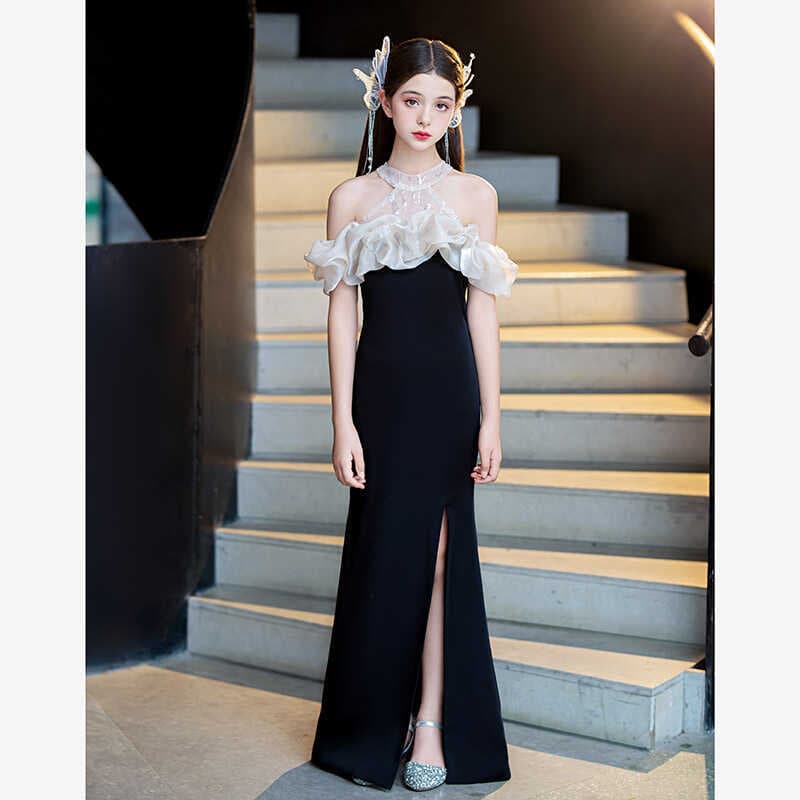 ロングドレス 花飾り付きホルターネックフリルドレス