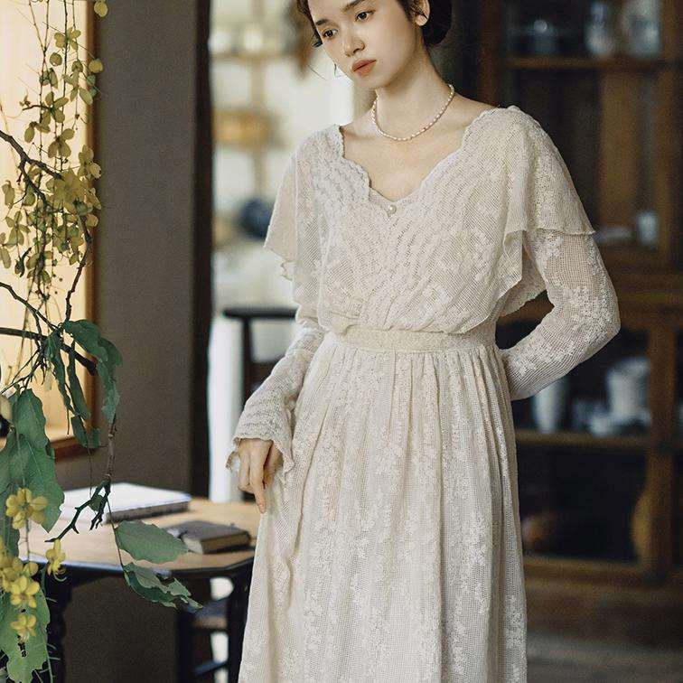 ロングドレス 袖付きレースドレス