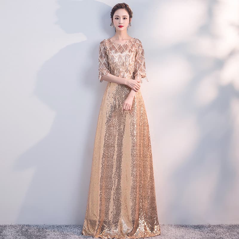 煌めき装飾レースロングドレス