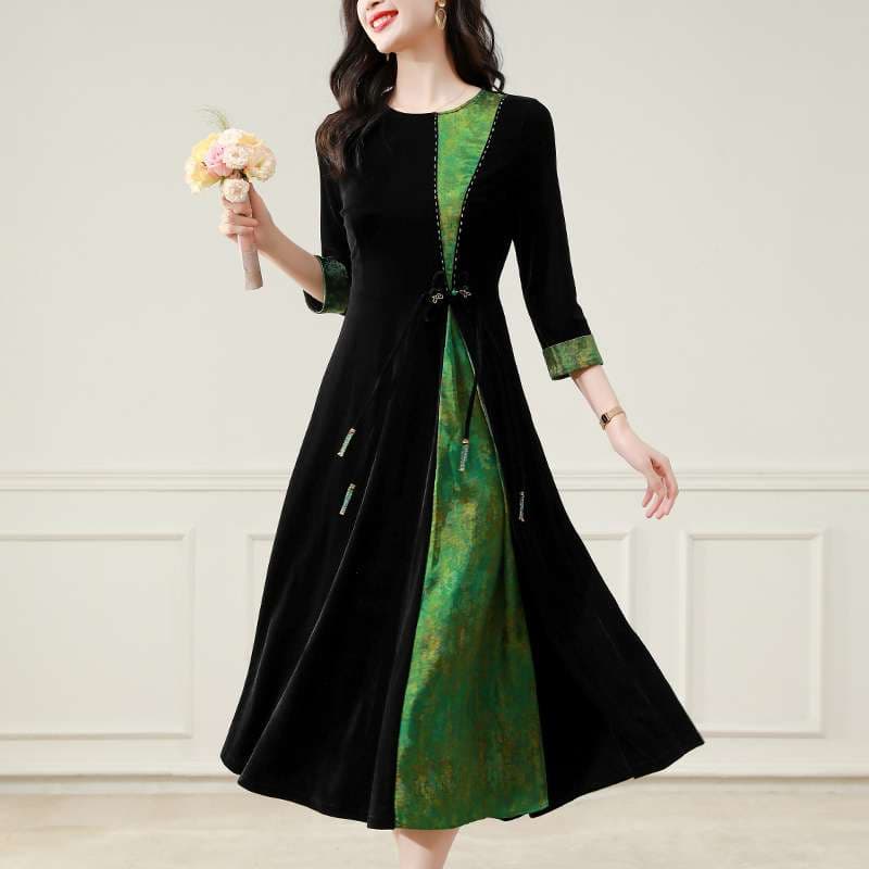 上品な縦ラインデザインロングドレス