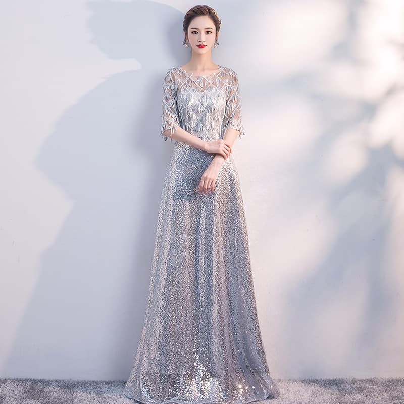 煌めき装飾レースロングドレス