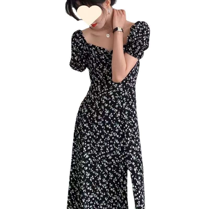 花柄パフスリーブ シンプルロングドレス
