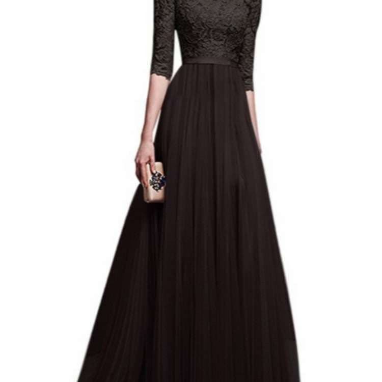 上品レース切替フレアロングドレス