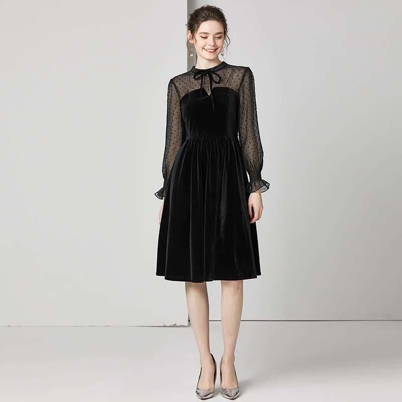 ロングドレス シースルー袖付きベルベットドレス