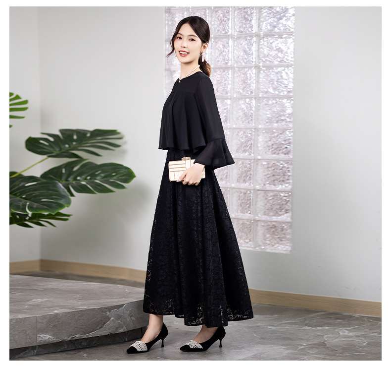 レース刺繍ティアードスリーブロングドレス