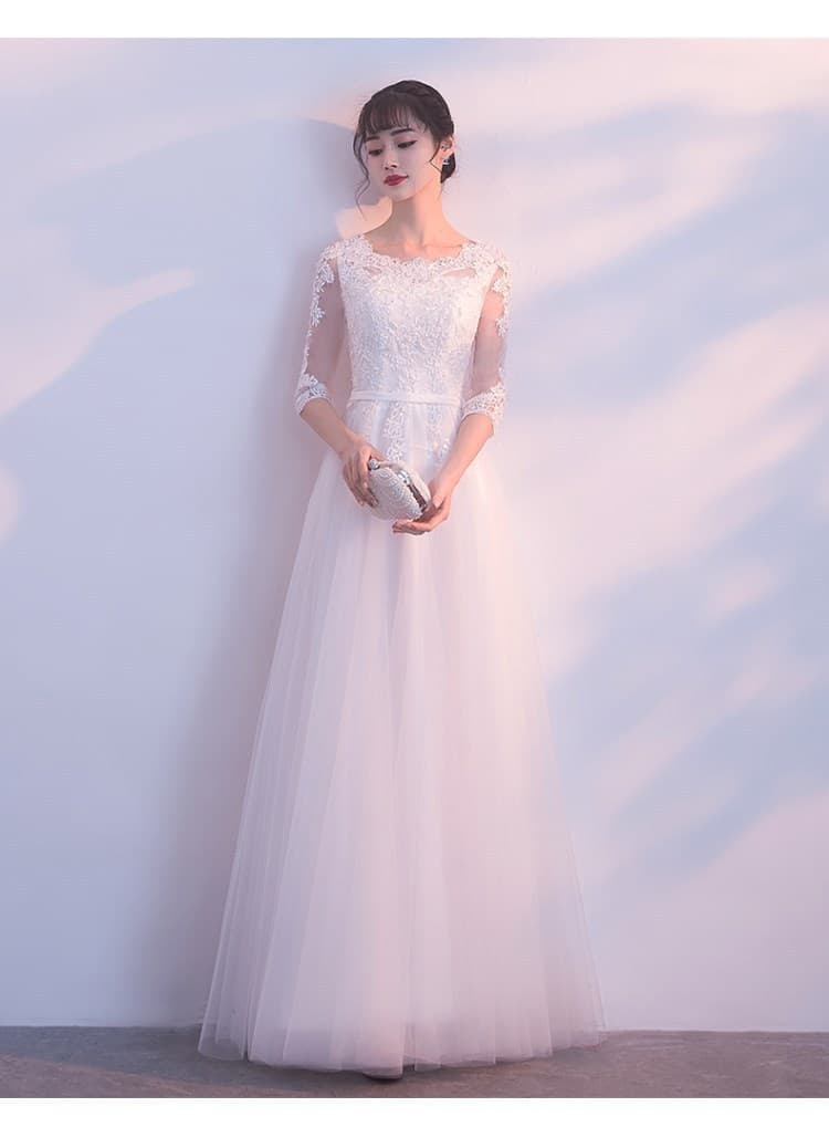 ロングドレス チュール刺繍レース 七分袖 ドレス