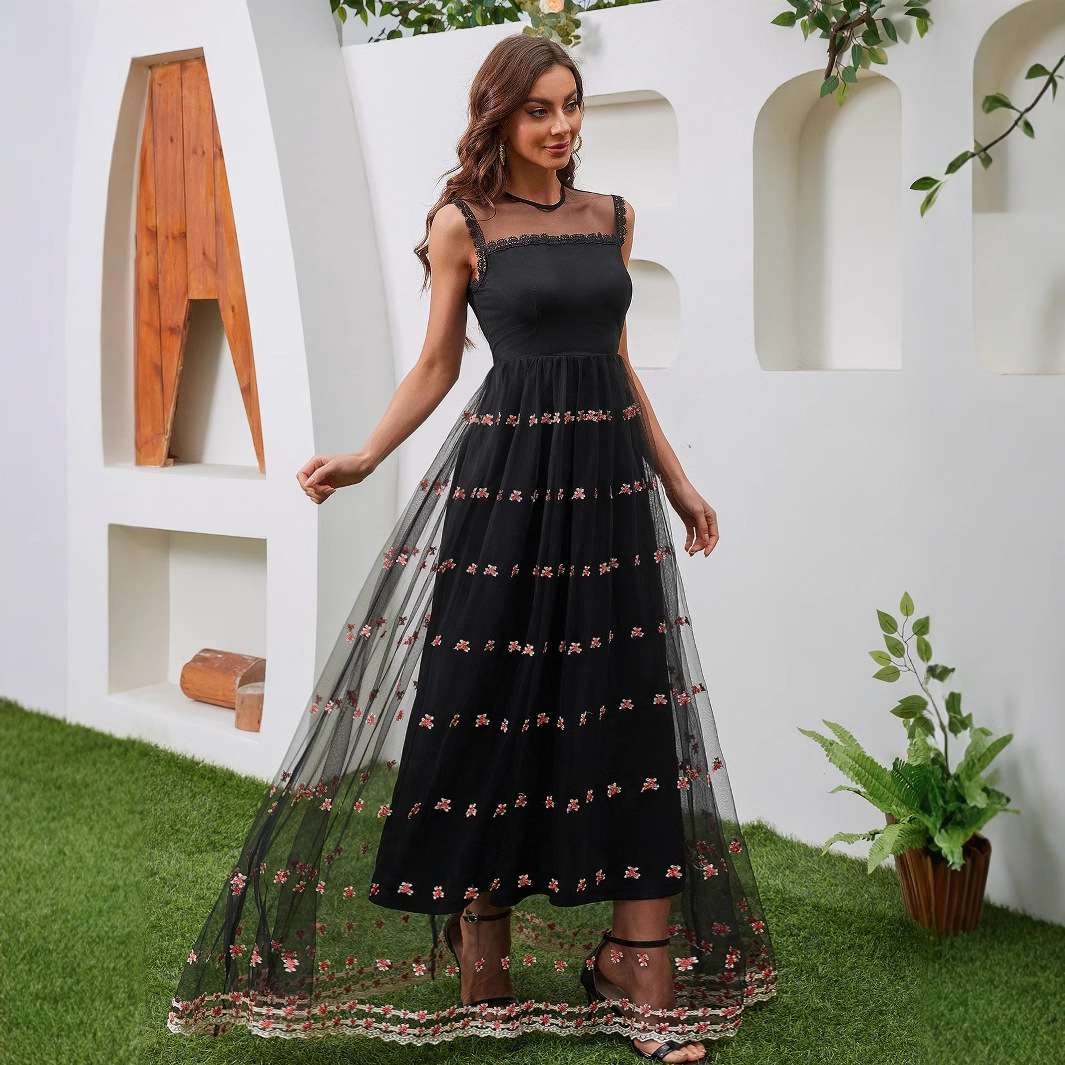 ロングドレス メッシュ刺繍チュールドレス