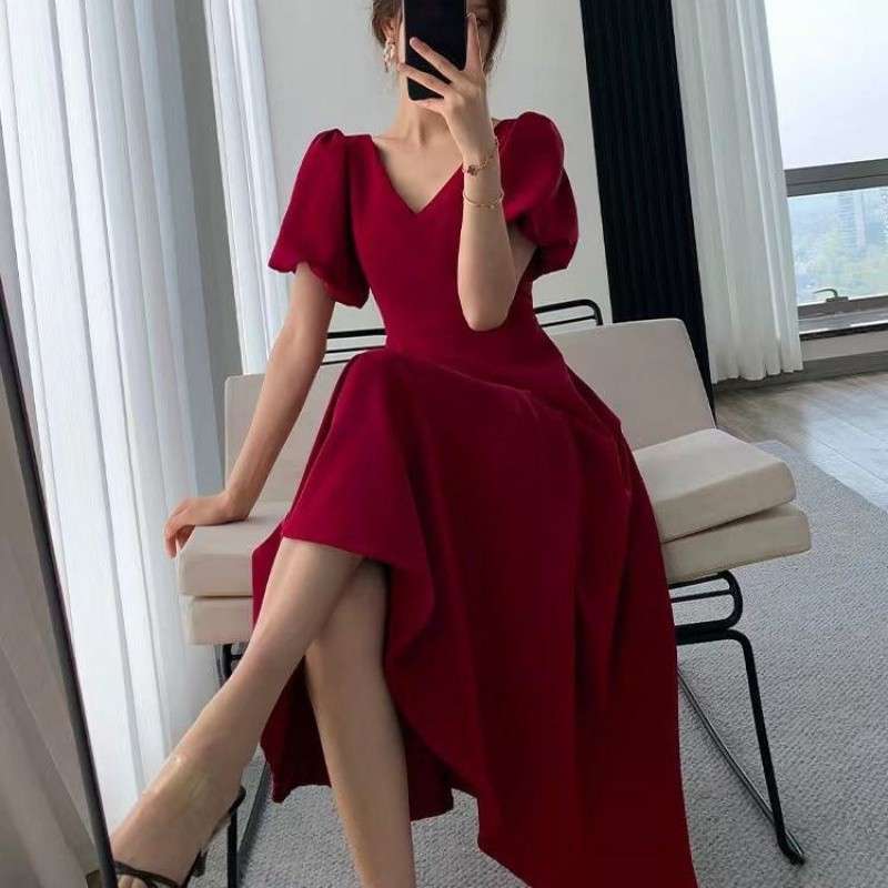 ロングドレス パフスリーブ リボンタックドレス