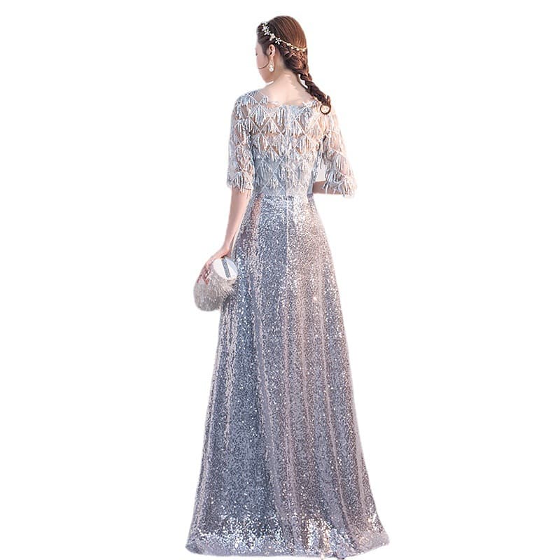 煌めき装飾レースロングドレス