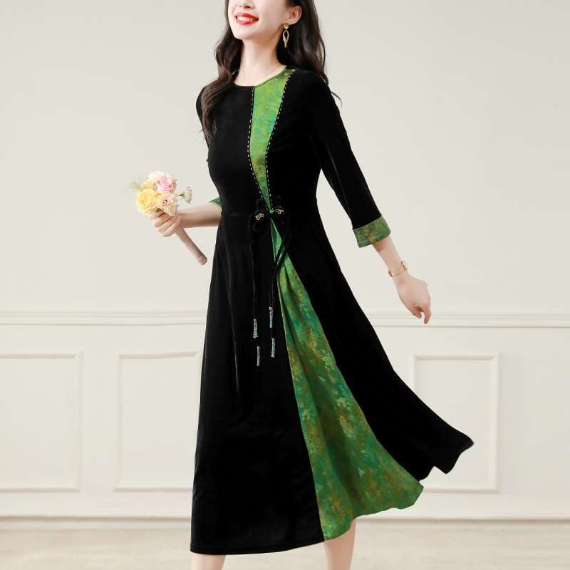 上品な縦ラインデザインロングドレス