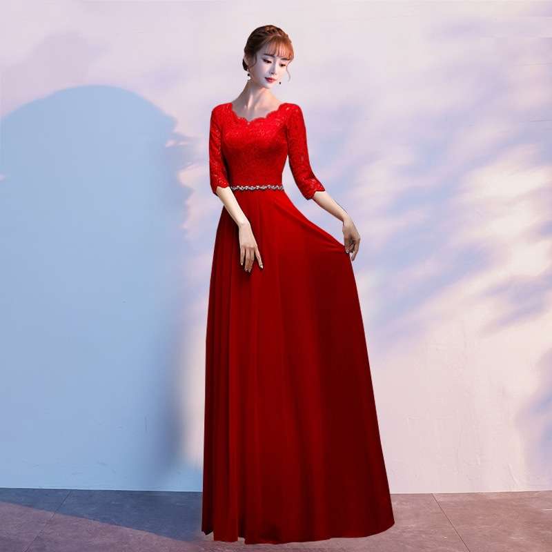 レース袖付きウエストライン優美ロングドレス