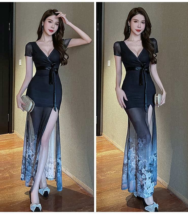 メッシュレイヤードシアー スリットロングドレス