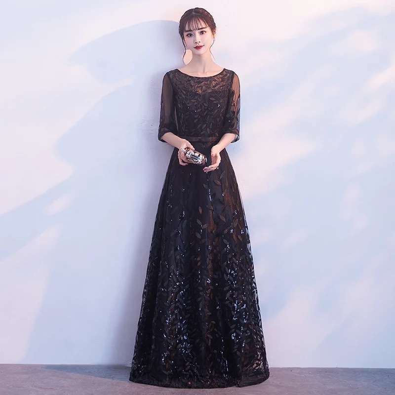 ロングドレス 透かしレース七分袖エレガントドレス