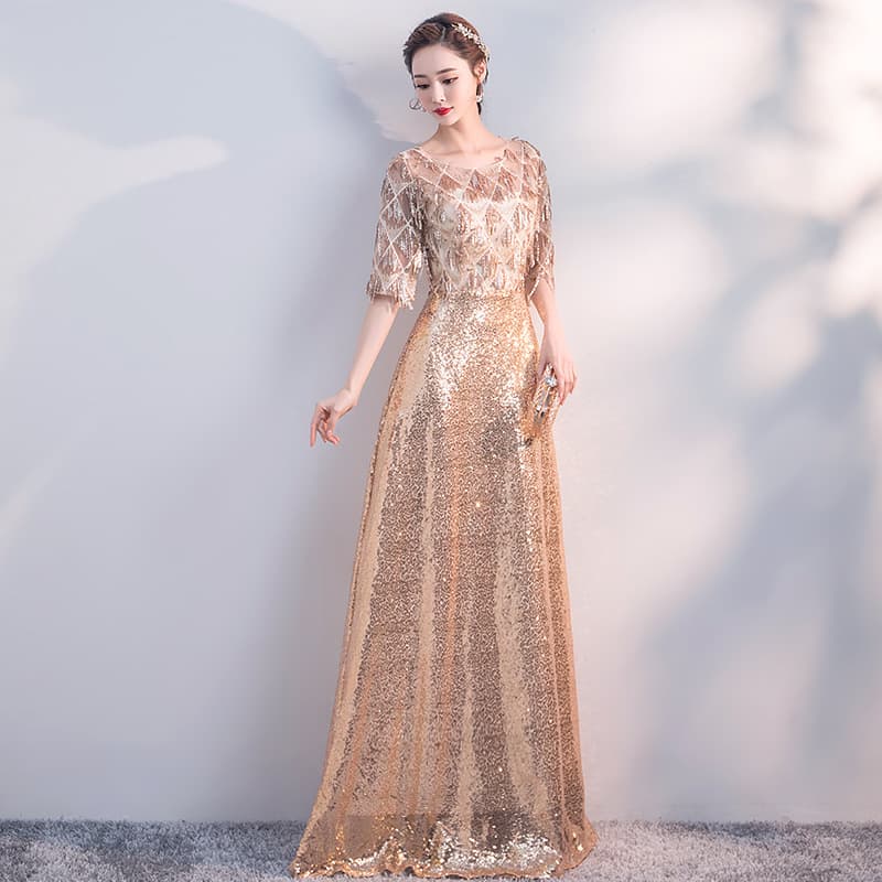 煌めき装飾レースロングドレス