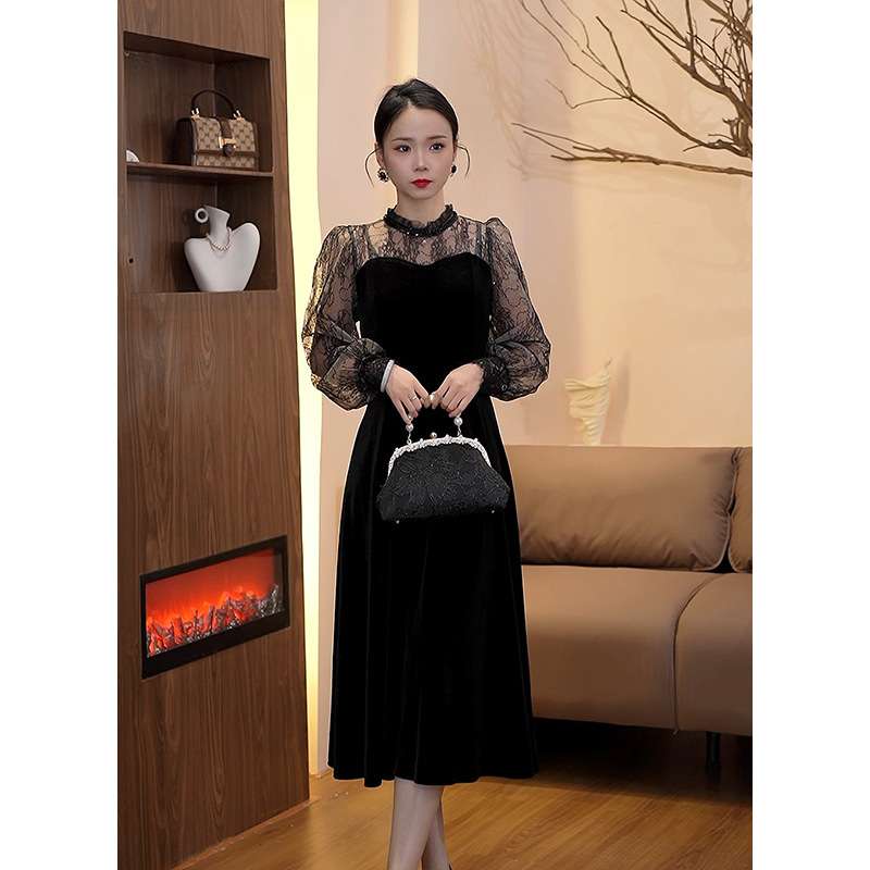 レース袖ベルベットロングドレス