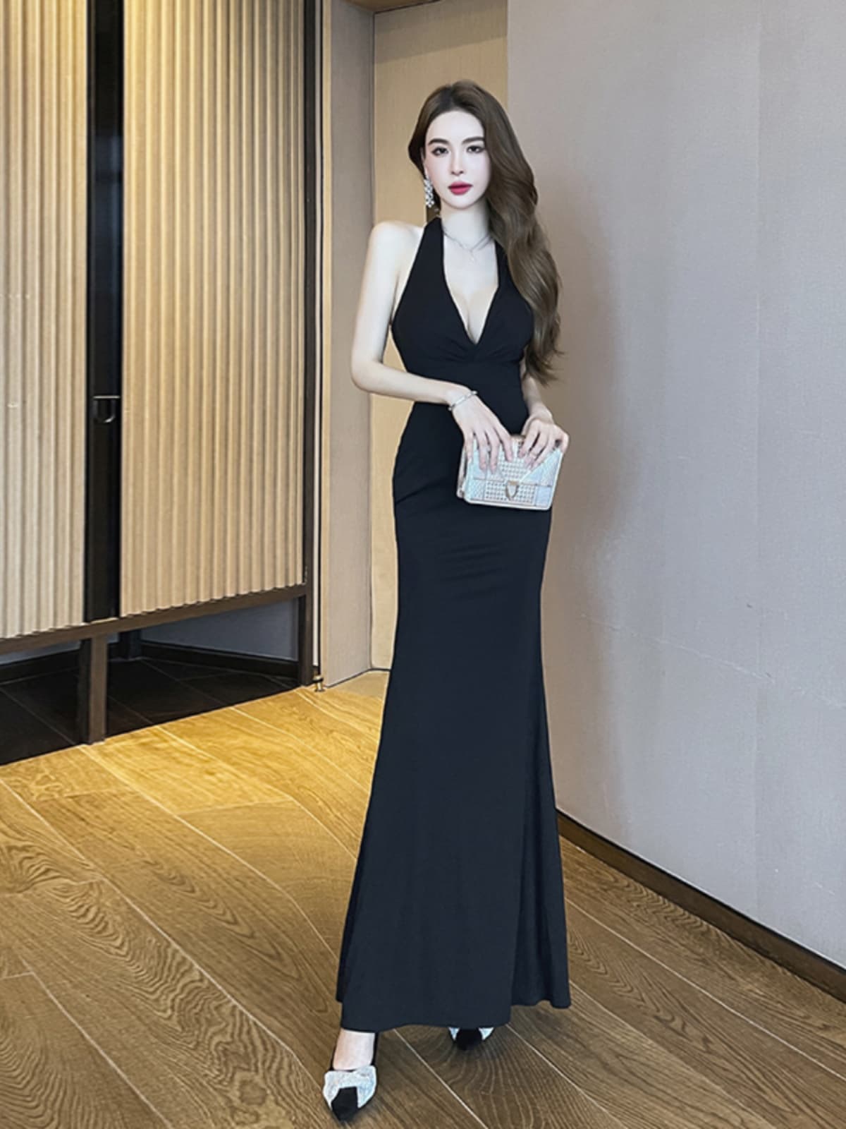 ロングドレス バックリボン 優雅ホルターネックドレス