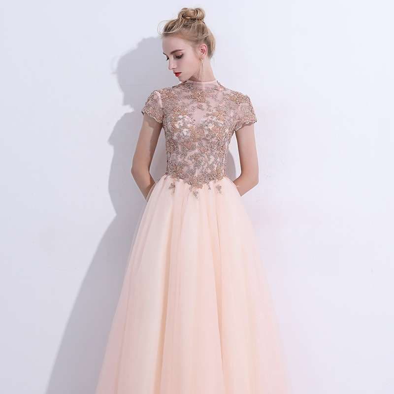 チュール刺繍レース ハイネックロングドレス