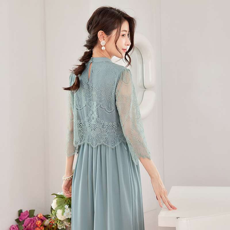 ロングドレス 透かしレース袖フレアワンピース