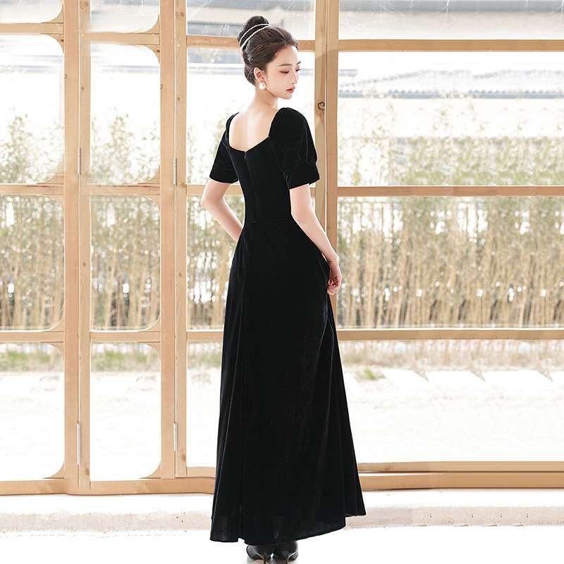 ベルベット素材パフスリーブロングドレス