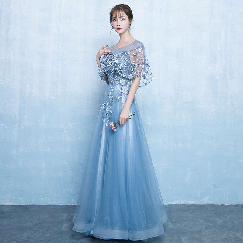 ロングドレス レースチュールのフリル袖ドレス