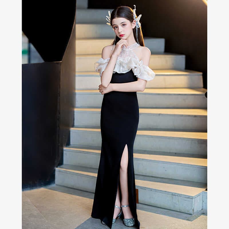 ロングドレス 花飾り付きホルターネックフリルドレス