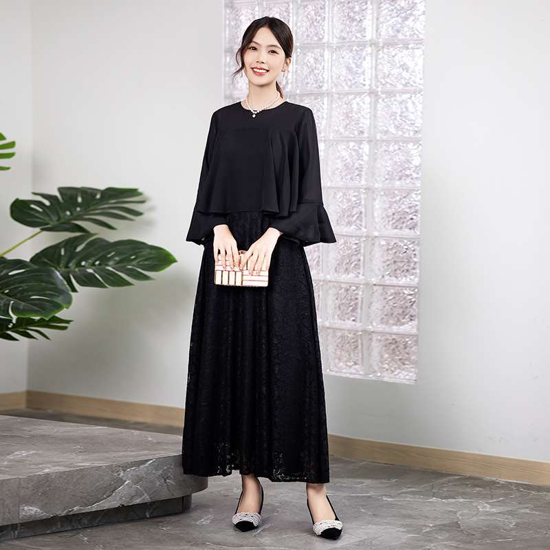 レース刺繍ティアードスリーブロングドレス