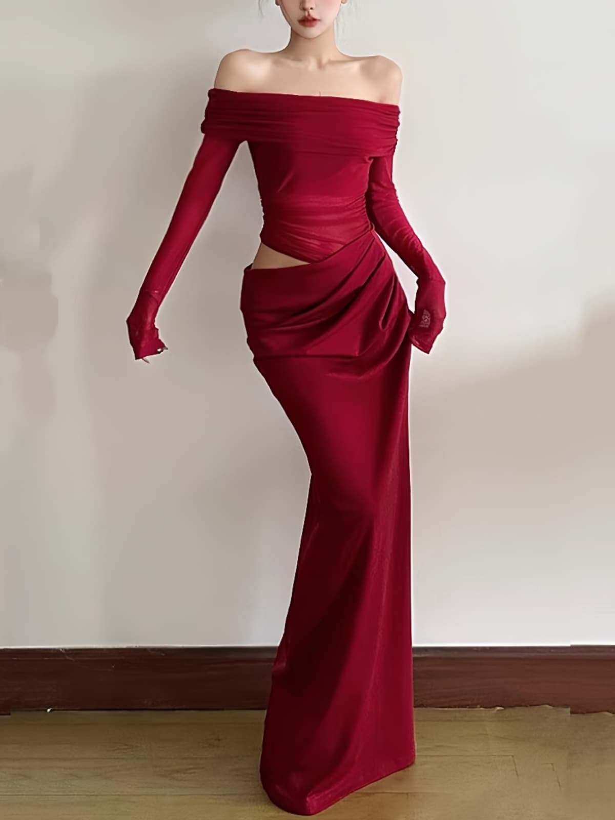 オフショルダー シャーリング ロングドレス